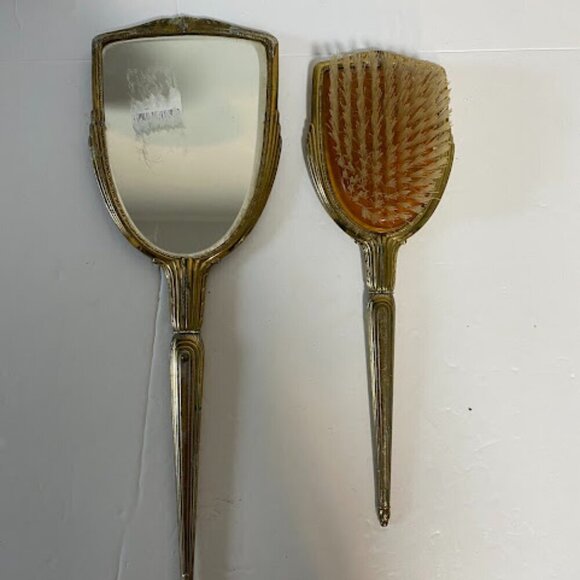 Antique Art Deco Brass Hand Mirror and Hair Brush Vanity Set main image 7